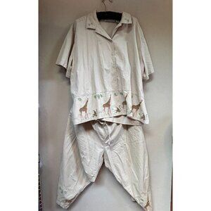 Jane Ashley Women's Safari Giraffe Shirt Capri Pants Set Size 2X Cotton Beige